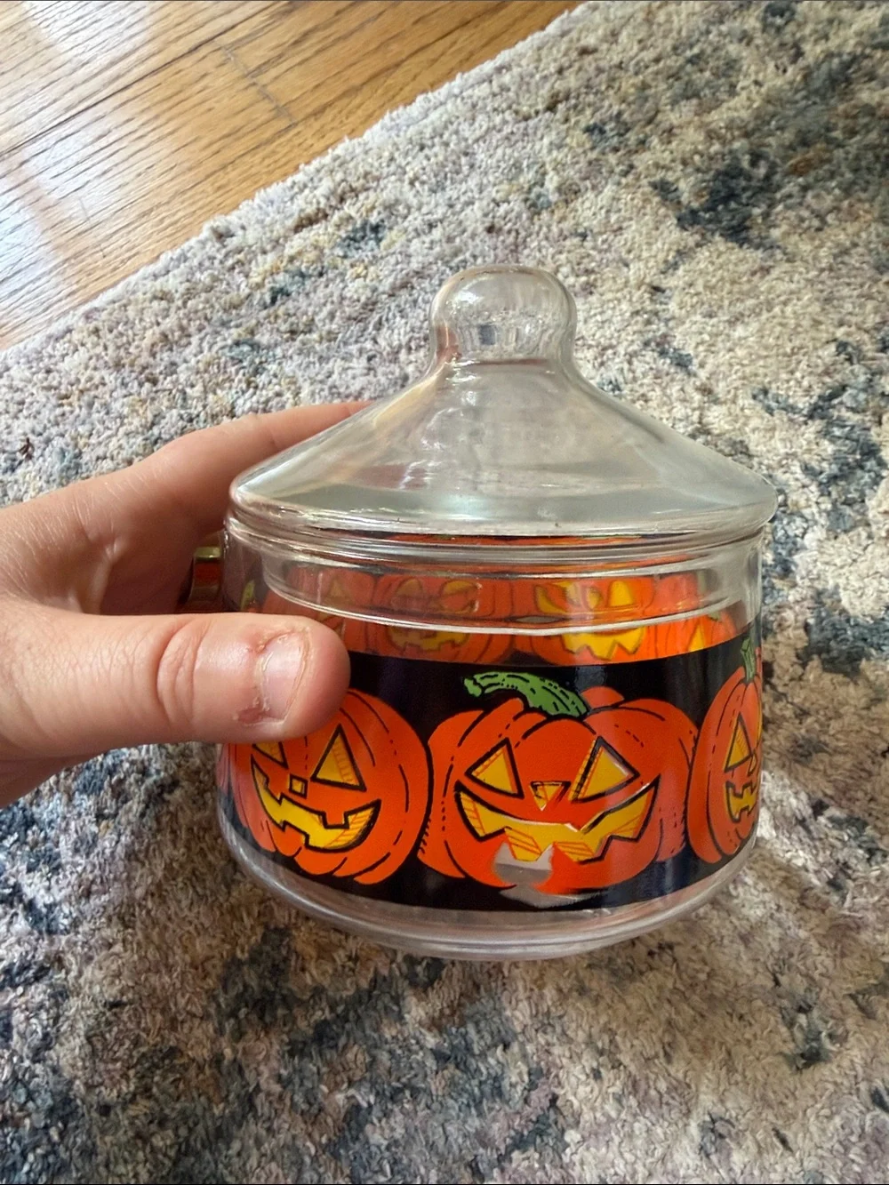 Vintage Halloween Jar Indiana Glass Candy Snack Pumpkin Dish w/lid Jack Lantern
